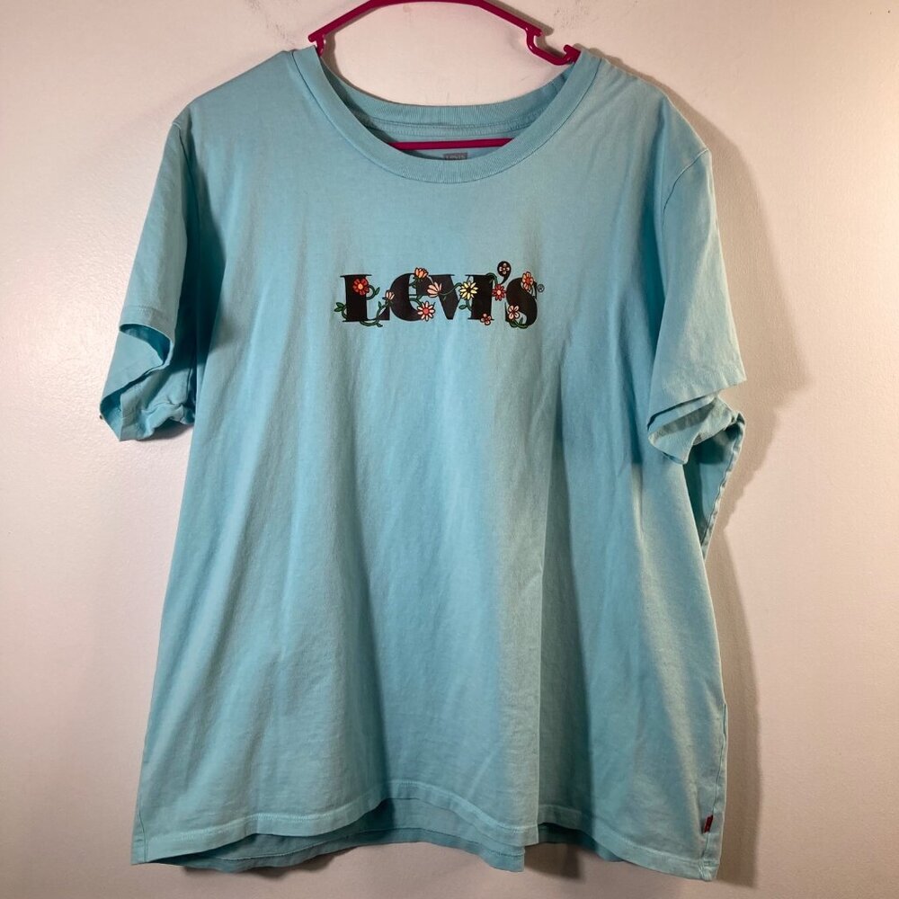 Womens Levis Floral Logo Tee Shirt Short Sleeve Aqua 2X Cotton